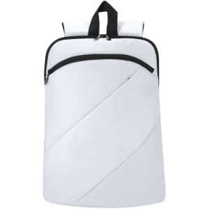 A white backpack featuring a diagonal zippered pocket and a top handle. It has a logo in the corner.