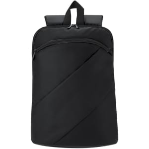 A black backpack with a diagonal zippered pocket and a top handle. It has a simple, sleek design.