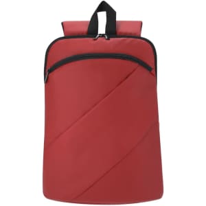A red Gambul backpack features a sleek design with a zippered front pocket and a top handle for easy carrying.