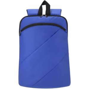 A blue backpack with a diagonal design, featuring a front zip pocket and a top handle. It has a logo on the front.