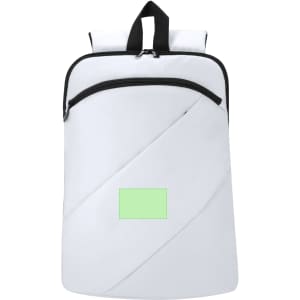 A white backpack with a diagonal zipper and a green highlighted area for branding. Features a black handle.