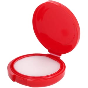 A red lip balm container with a reflective white balm inside, featuring a simple, compact design.