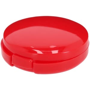 A bright red lip balm container with a shiny surface and a flip-open lid, featuring a logo.