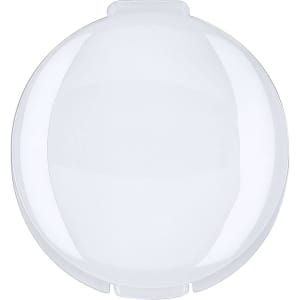 A clear, round lip balm container with a smooth, glossy surface and a small opening at the top.