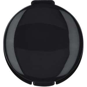 A black lip balm container with a rounded lid, featuring a simple branding logo.