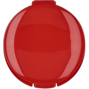 A round red lip balm container with a glossy finish and a logo on the lid.