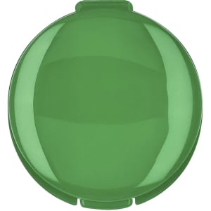 A green lip balm container with a rounded top and a branding logo.