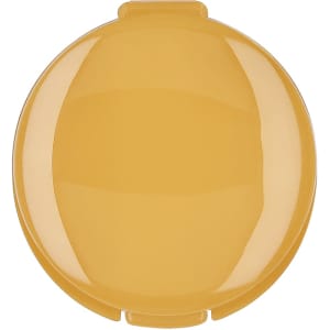 A round, yellow lip balm container with a smooth surface and a small opening. It features a logo on the lid.