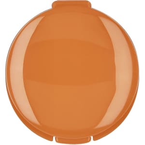 An orange lip balm container with a rounded shape and a flip-top lid, featuring a logo on the surface.