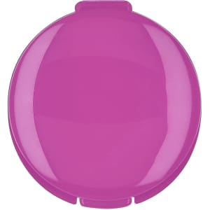 A round, bright pink container with a hinged lid, designed for lip balm. It features a branded logo on top.