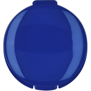A blue lip balm container with a rounded shape and a flip-top lid. It features a logo on the front.