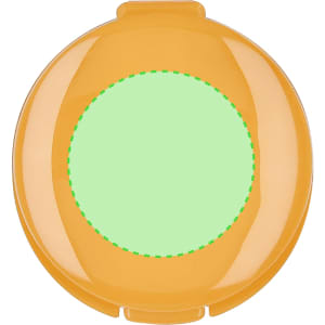 An orange lip balm container with a circular, green section at the centre. The container has a logo.