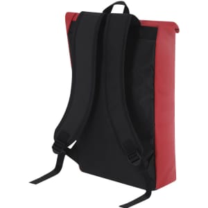 A red and black backpack with adjustable straps and a simple, modern design. It features a logo.