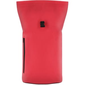 A red backpack with a roll-top design and a side zipper, featuring a logo on the front.