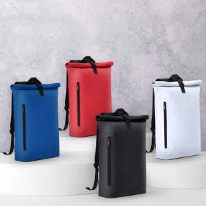 A collection of backpacks in blue, red, white, and black, featuring a front zip pocket and a logo.