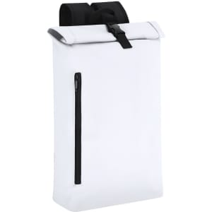 A white backpack with a roll-top closure and a black zippered pocket, featuring adjustable black straps.