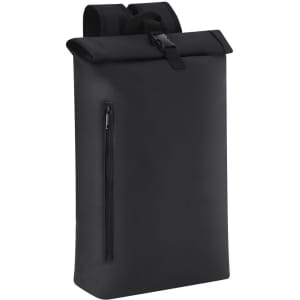A black backpack with a roll-top design, featuring a front zip pocket and adjustable shoulder straps. It has a logo.