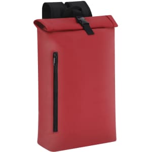 A red backpack with a roll-top closure and a zippered side pocket, featuring adjustable black straps.
