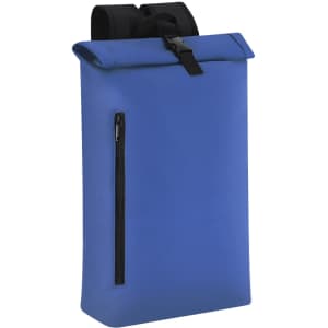 A blue backpack with a roll-top design, featuring a front zipper pocket and black straps. It has a logo.
