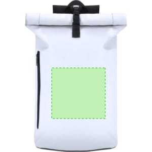 A white backpack with a roll-top closure and a side zip pocket, featuring an unobtrusive logo.