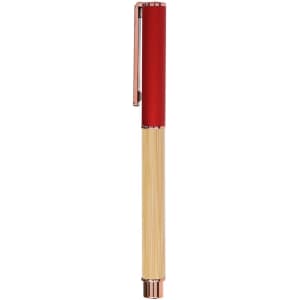 A red and bamboo pen with a metallic clip and accents, featuring a branded logo.