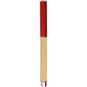 A pen with a red top and a bamboo-like body, featuring a silver-coloured detailing and a logo.