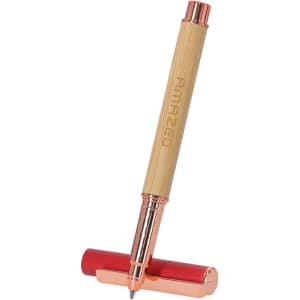 A bamboo pen with a rose gold tip and a red cap, featuring a logo on its side.