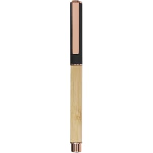 A pen with a bamboo body and black accents, featuring a shiny rose gold clip.