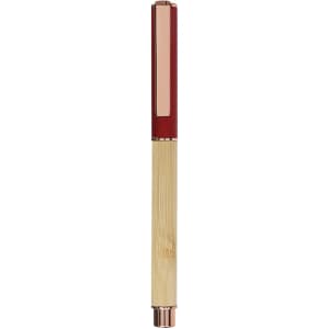 A pen with a red top and a bamboo barrel, featuring a shiny metallic accent. It has a branding logo on the side.