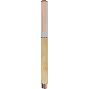 A pen with a bamboo body and rose gold accents. It features a clip and has a logo at the top.