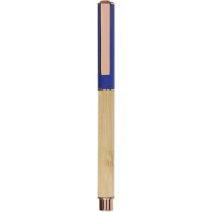 A pen with a blue top section, wooden body, and rose gold accents. It features a clip and a logo.