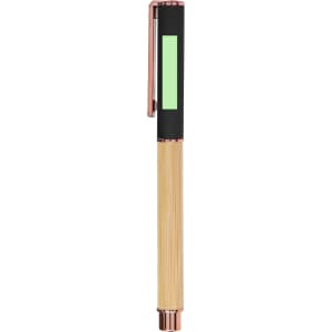 A pen with a bamboo-like body, black accents, and a green display section; features a clip and a logo.