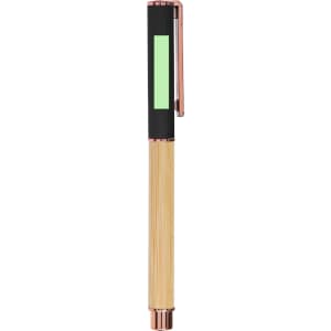 A sleek pen featuring a bamboo body, a black grip, rose gold accents, and a green a panel.