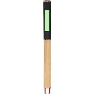 A slim pen featuring a bamboo body and a black grip, with a green space on the barrel and rose gold accents.