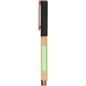 A pen featuring a bamboo barrel with a black grip and rose gold accents, and a logo on its side.