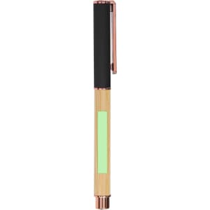 A pen with a black grip and bamboo barrel, featuring a rose gold clip and a glowing green accent.