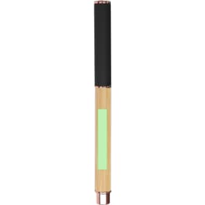 A bamboo pen with a black grip and rose gold accents, featuring a light green section on the barrel.