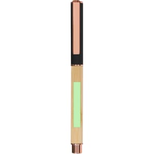 A bamboo pen with a black top and rose gold accents, featuring a green highlighting area.