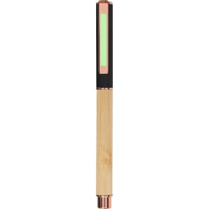A pen with a bamboo and black design, featuring a glowing area and a rose gold accent. It has a logo on the side.