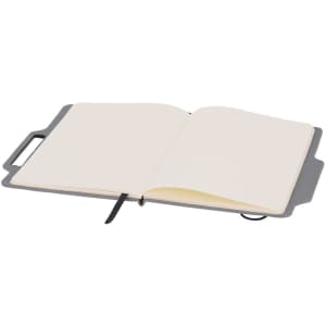 A grey notepad holder with an open blank notepad inside, featuring a handle and a ribbon marker.
