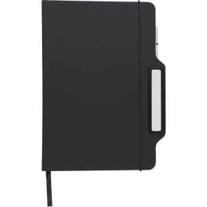 A black notepad holder with a pen slot and a ribbon bookmark, featuring a logo on the cover.