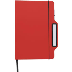 A red notepad with a black elastic closure and a side pocket, featuring a placeholder for a pen.