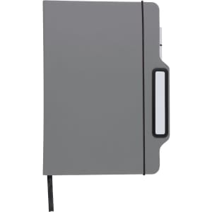 A grey notepad with a cover, an elastic band, and a side pocket, featuring a logo.