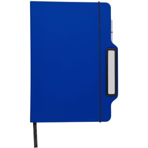 A blue notepad featuring a black strap and a holder for pens or markers, with a slot for notes.