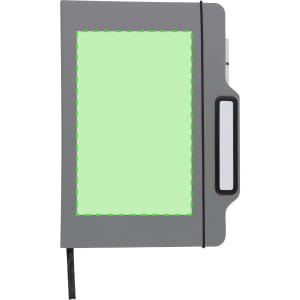 A grey notepad with a blank green cover, featuring a pen holder and a bookmark. Includes a logo on the front.