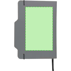 A grey notepad holder with a green inner section and a black elastic closure, featuring a logo.