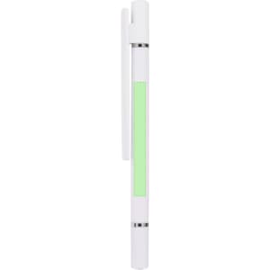 A white pen with a green section for branding and a clip attached for easy carrying.