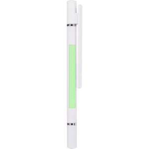 A white pen with a green accent and a clip, featuring a smooth design. It has a branding logo visible.