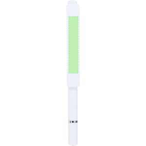 A white notepad holder with a light green section, featuring a silver accent band. It includes branding.