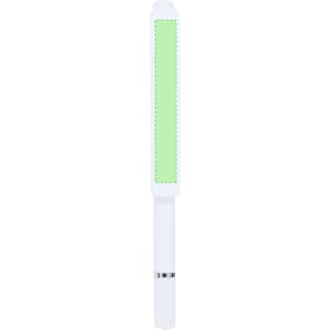 A white pen with a light green barrel, featuring a simple design and a branding logo.